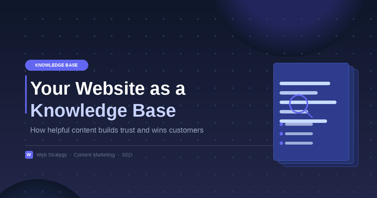 Strony dokumentów z lupą symbolizujące stronę internetową jako bazę wiedzy